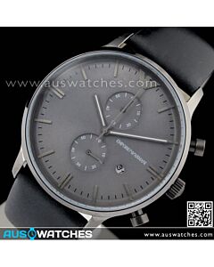 Emporio Armani Chronograph Gray Face Black Leather Strap Mens Watch AR0388