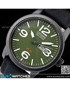 Citizen Eco-Drive Military Green Black Nylon Strap Mens Watch BM8475-00X