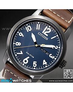 Citizen Eco-Drive Brown Leather Blue Dial Day Date 100M Watch BM8478-01L