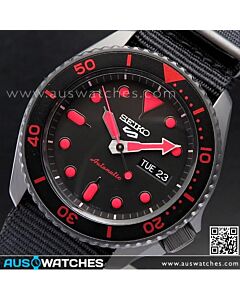 Seiko 5 Sports Black Red Nylon Strap 100M Automatic Watch SRPD83K1, SRPD83