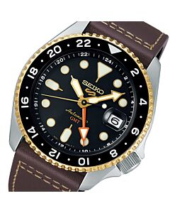 Seiko 5 Sports GMT Automatic Gold Black Leather Strap Watch SSK036K1