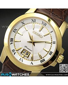 Seiko Premier Sapphire Gold Tone White Dial Leather Strap Mens Watch SUR018P1, SUR018