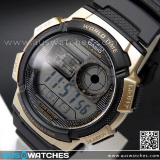 Casio Black Gold Digital World Time 100M Digital Watch AE-1000W-1A3, AE1000W
