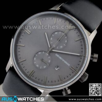 Emporio Armani Chronograph Gray Face Black Leather Strap Mens Watch AR0388