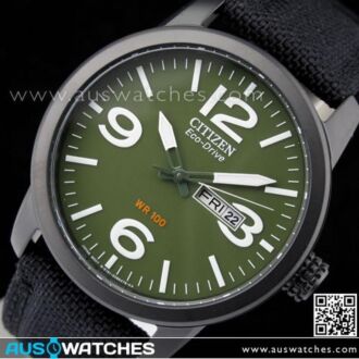 Citizen Eco-Drive Military Green Black Nylon Strap Mens Watch BM8475-00X