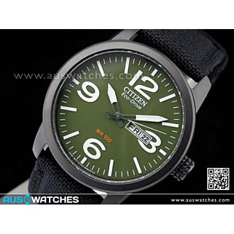 Citizen Eco-Drive Military Green Black Nylon Strap Mens Watch BM8475-00X