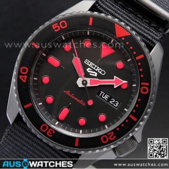 Seiko 5 Sports Black Red Nylon Strap 100M Automatic Watch SRPD83K1, SRPD83