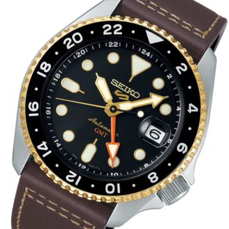 Seiko 5 Sports GMT Automatic Gold Black Leather Strap Watch SSK036K1