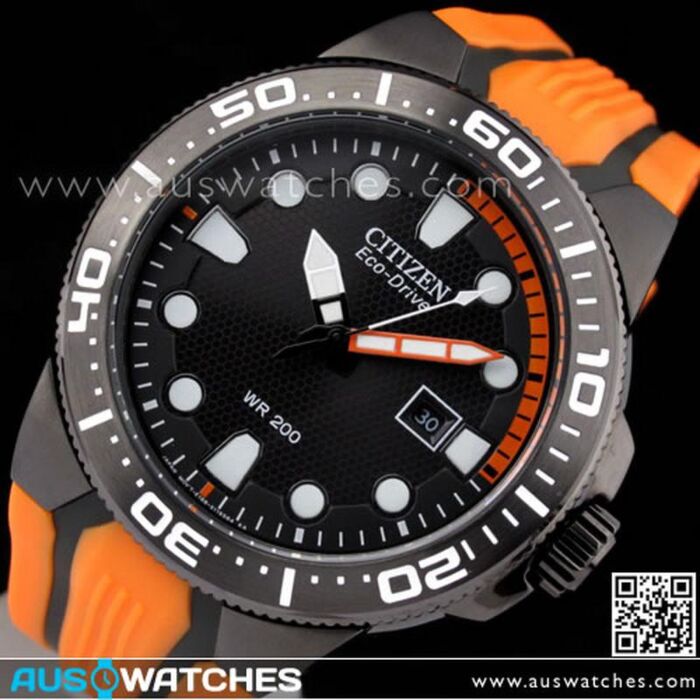 Citizen Eco Drive Black Orange 200M Scuba Fin Divers Watch BN0097 11E