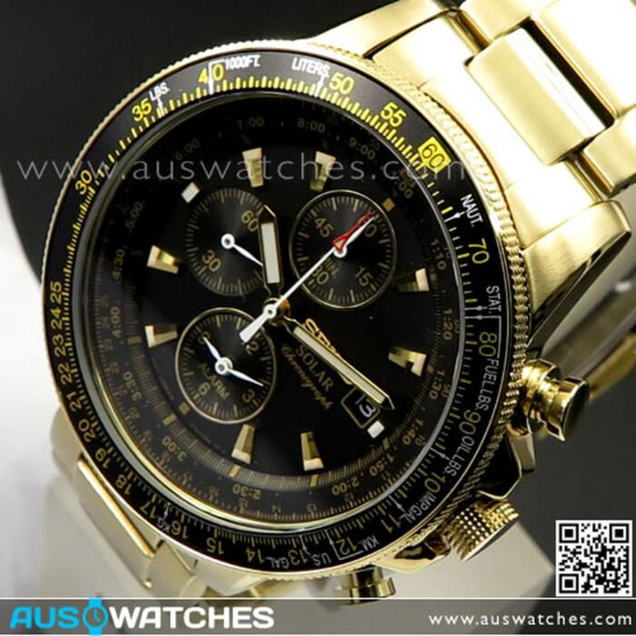 BUY Seiko Flightmaster Solar Chronograph Gold Tone Pilot Watch