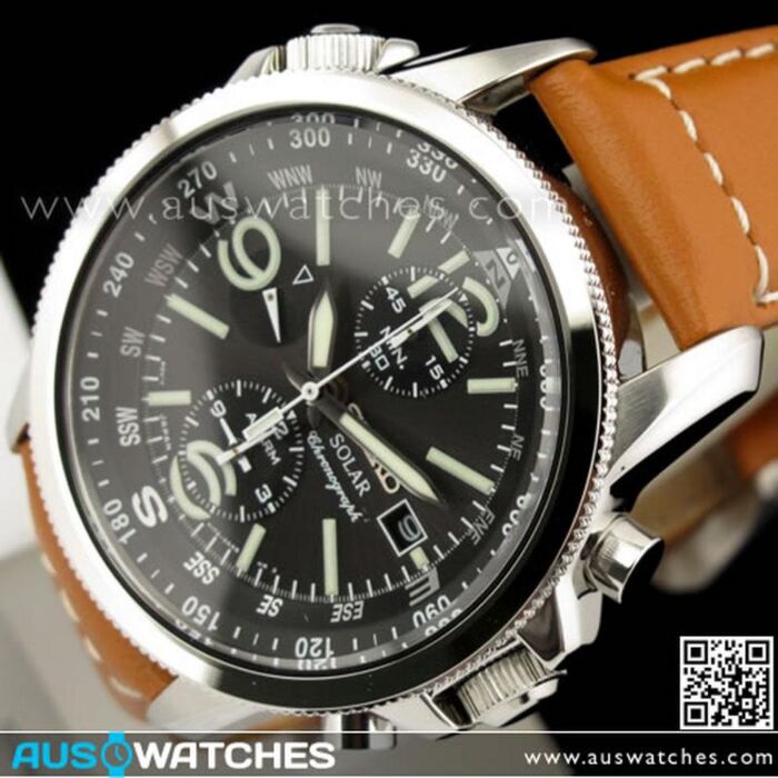 Seiko Solar Chronograph Leather Strap Military Watch SSC081P1 SSC081